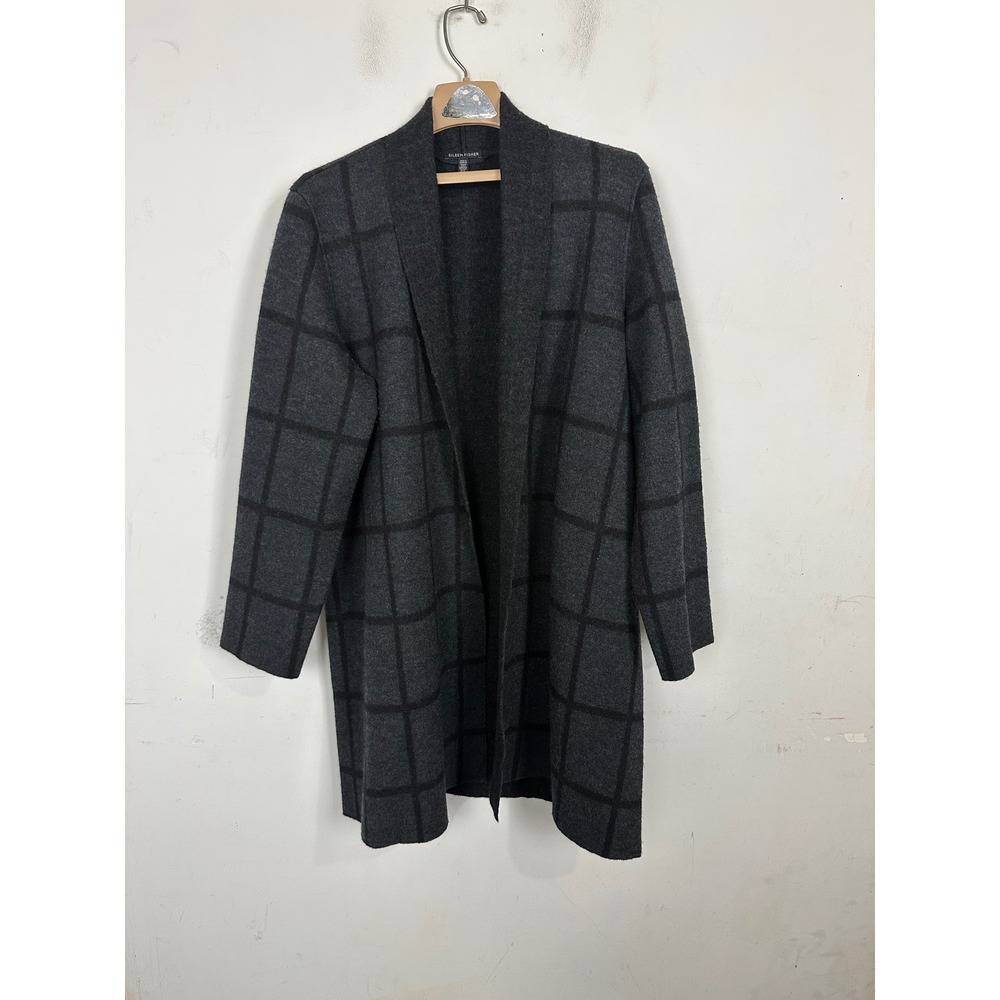 Eileen Fisher Wool Windowpane Plaid Open Front Cardigan Coat Gray Black Large